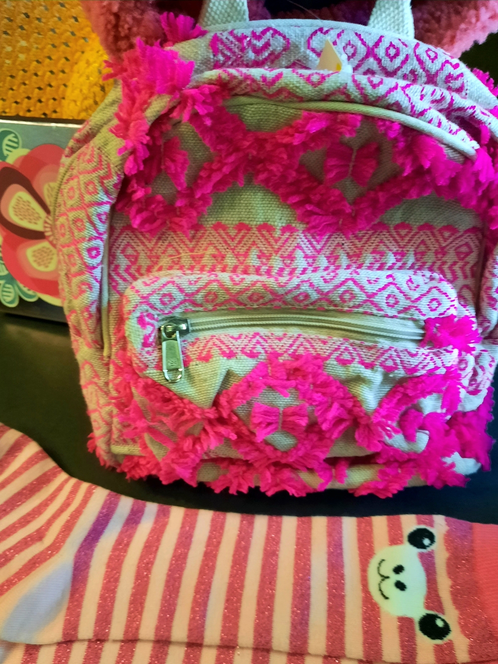 Adorb's Unique Girl's Hot Pink multi-purpose Mini Backpack w/ Fringe Geo Pattern